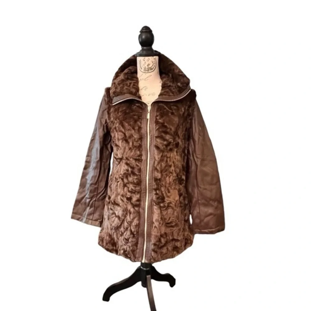 NWOT Dennis Basso Sterling Brown Faux Fur Jacket 2‎ in 1 Zip-Off Sleeve XS COZY